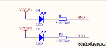Sơ đồ nguyên lý LED nối chân PC13 trên kit Blue Pill STM32F103 (tích cực thấp)